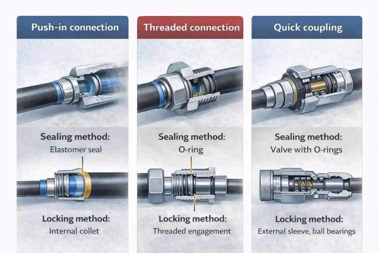 What are hoses and connectors, and what are three common types of connections?cid=861