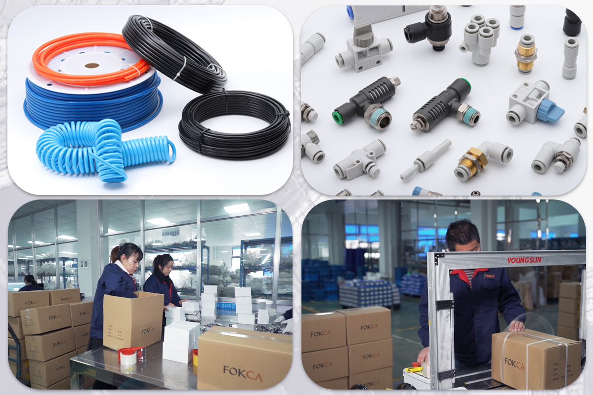 Fokca tubing, fittings, valves, air preparation units, and standard cylinders displayed as a product range Fokca tubing, fittings, valves, air preparation units, and standard cylinders displayed as a product range