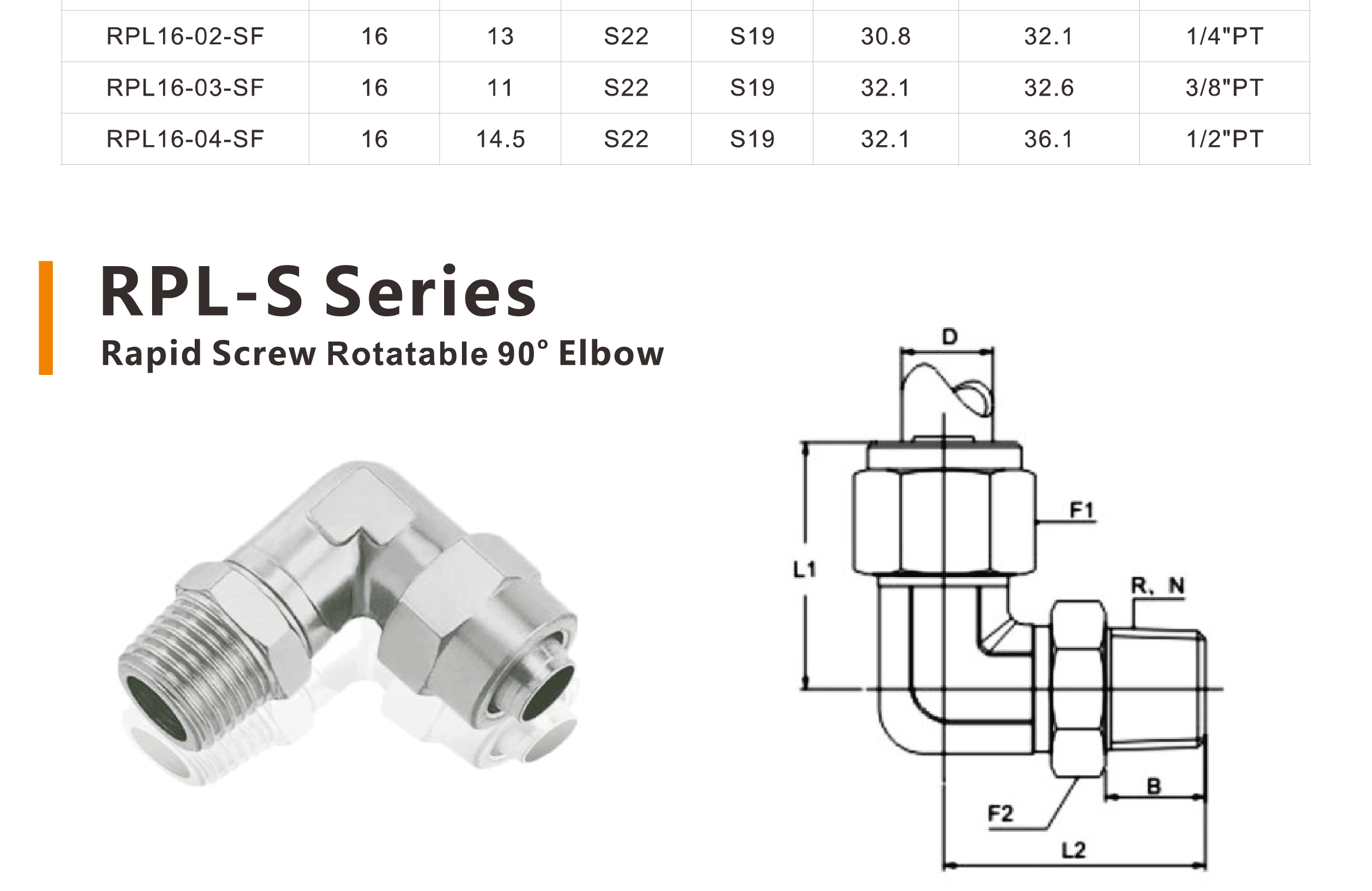 Stainless Steel Rapid Screw Elbow Fittings RPL-SF, RPL-S, RPL-G-S