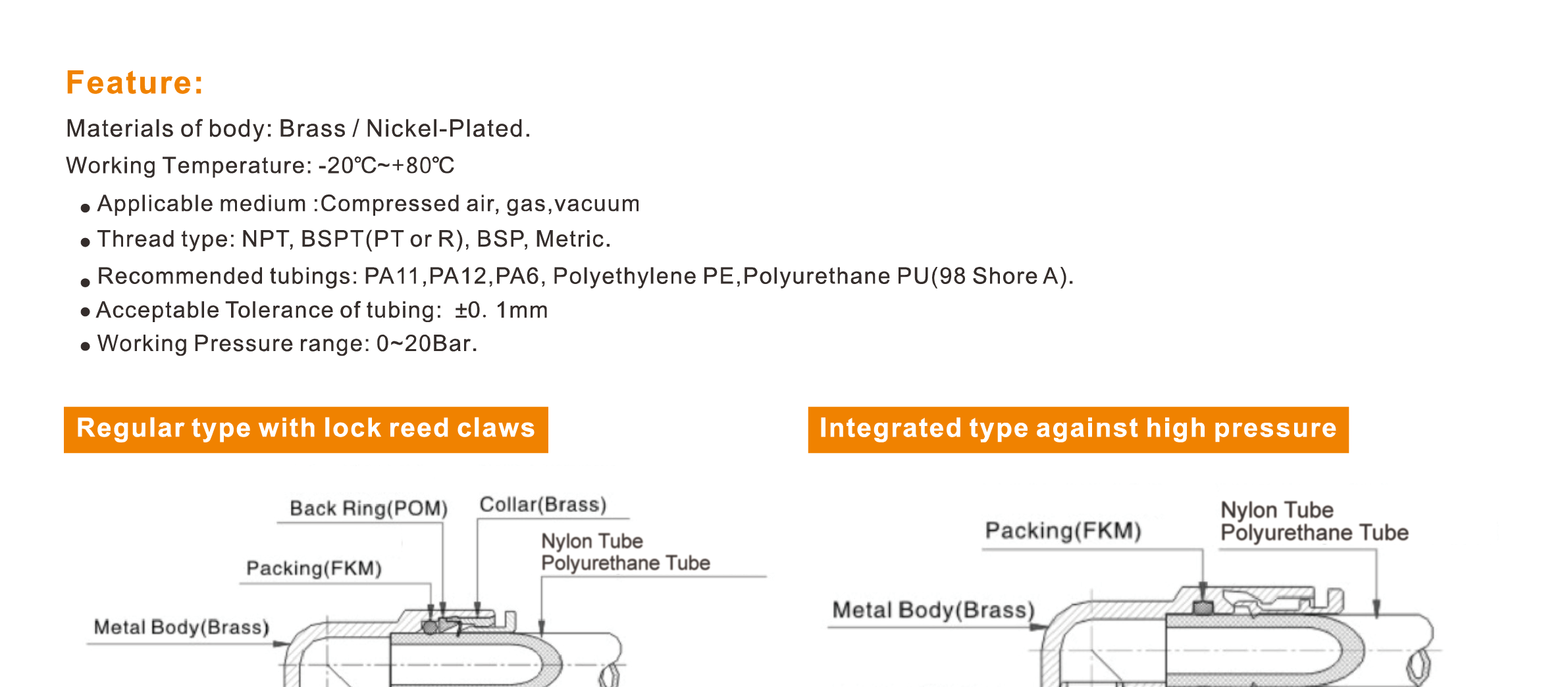 BPX, BP2H, BPEL and BPK Series Full Brass Nickel Plated Push-in Fittings